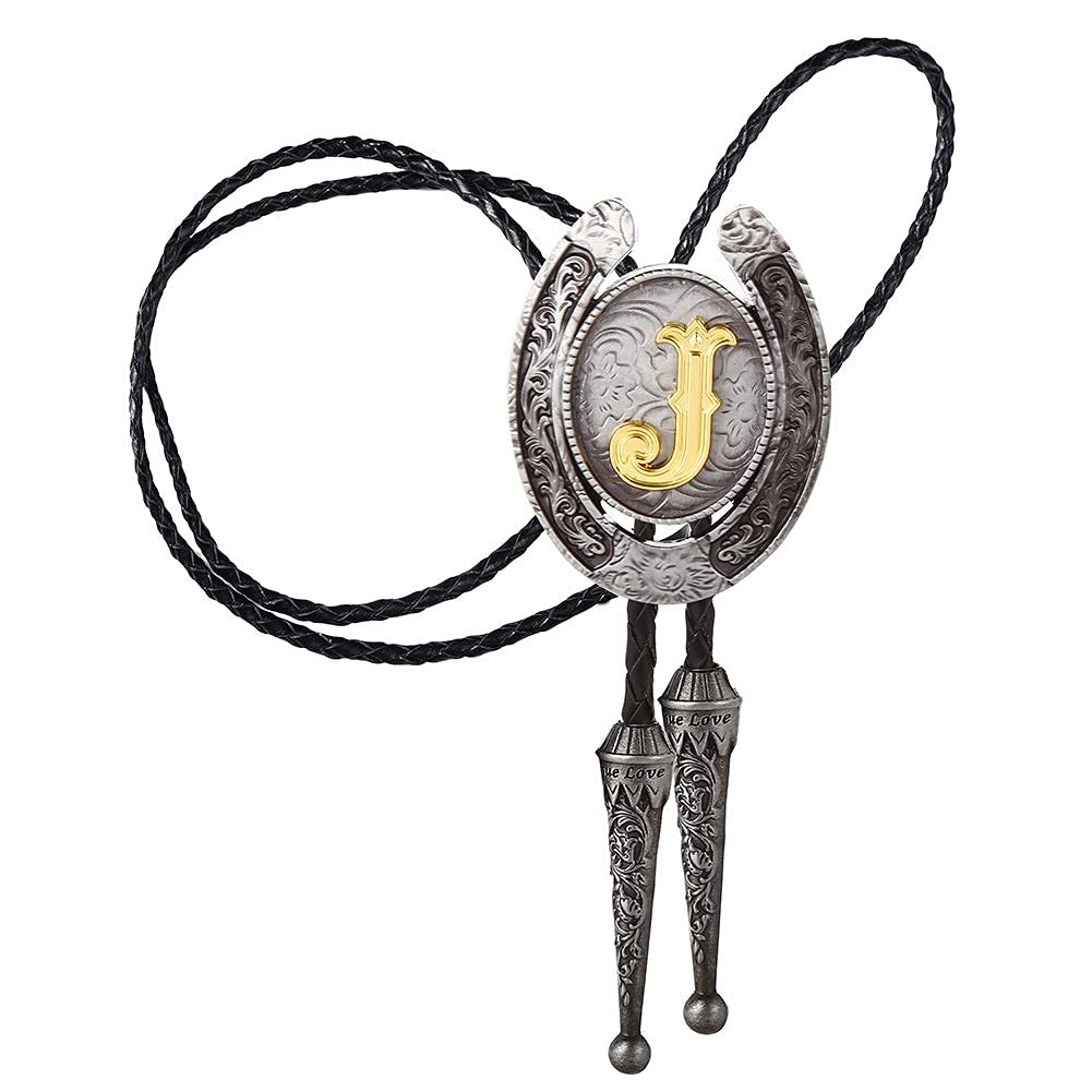 HUABOLA CALYN Vintage Bolo Tie for Men- Initial Letter ABCDMJR to Z Western Cowboy Bolo Tie for Women (J)