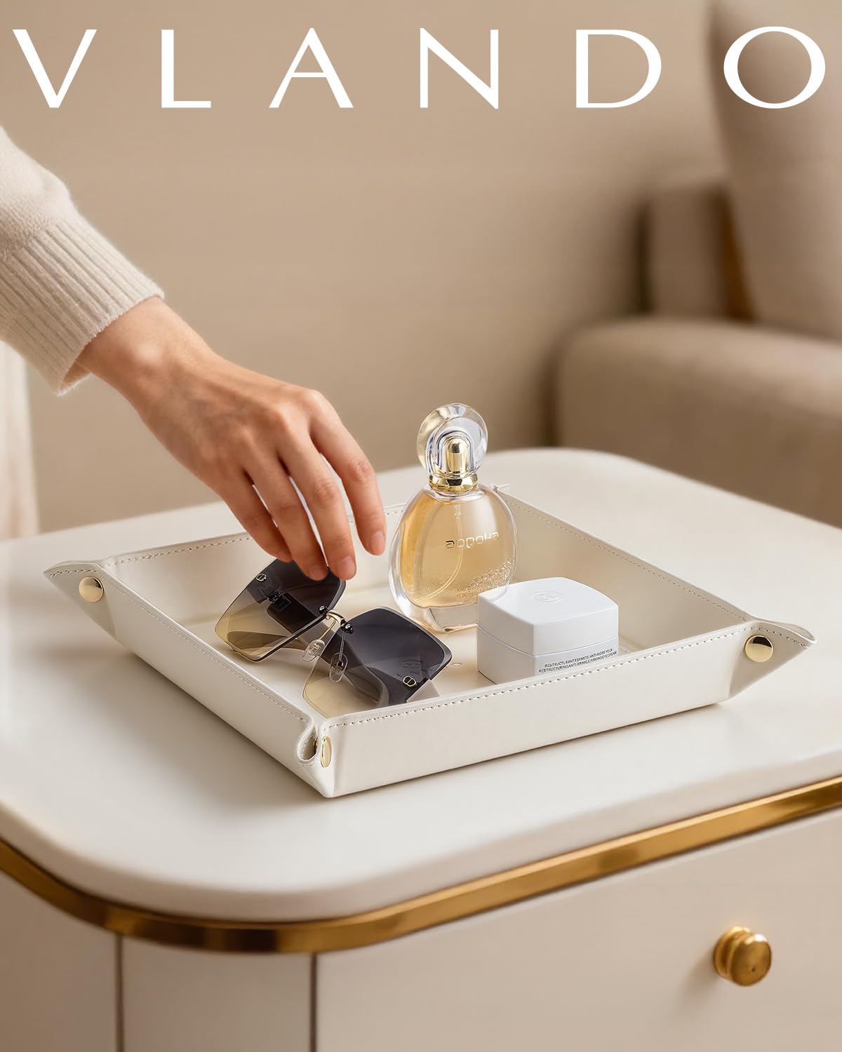 VLANDO Valet Tray,Nightstand Organizer Vanity Catchall Holder for Dresser Desk Storage Bedside, Travel PU Leather Jewelry Key Bowl Coin Watches and Candy Entryway Tray - Large, Beige