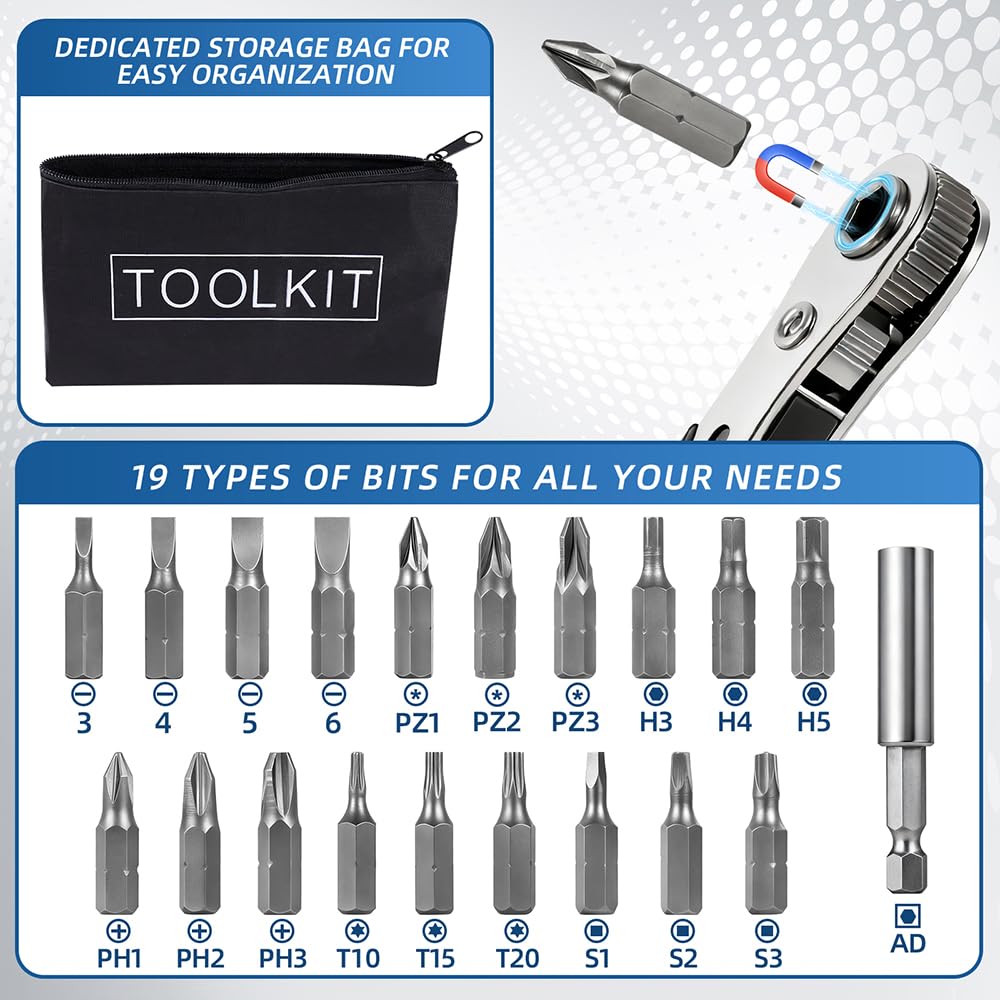 RTAYAGOOPA 22-in-1 Right Angle Screwdrivers Set, 36-Tooth Mini Ratchet Screwdriver, 90° Offset for Tight Spaces, Multi-head screwdriver Compact for DIY/Repairs, Gifts for Men