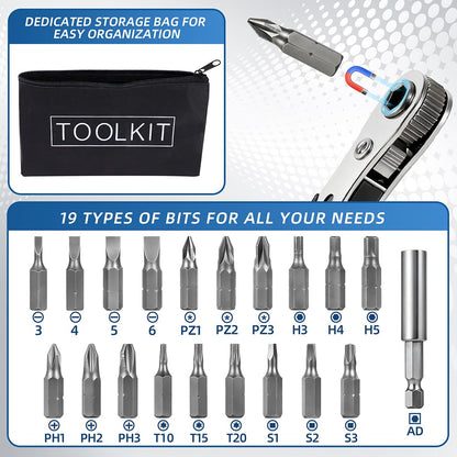 RTAYAGOOPA 22-in-1 Right Angle Screwdrivers Set, 36-Tooth Mini Ratchet Screwdriver, 90° Offset for Tight Spaces, Multi-head screwdriver Compact for DIY/Repairs, Gifts for Men