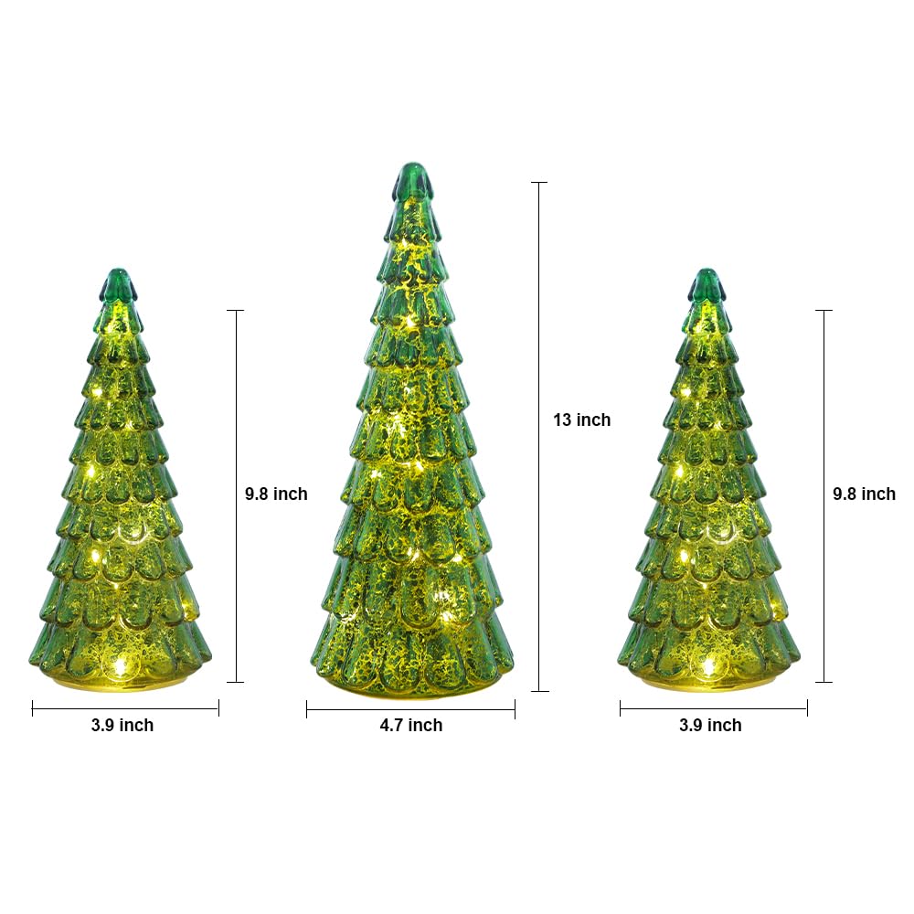 PHITRIC Christmas Decorations Indoor, 3 pcs Sparkling Glass Christmas Tree with LED Lights and Timer, Tabletop Christmas Tree Decor, Xmas Tree Decorations for Living Room, Fireplace, Table, Home