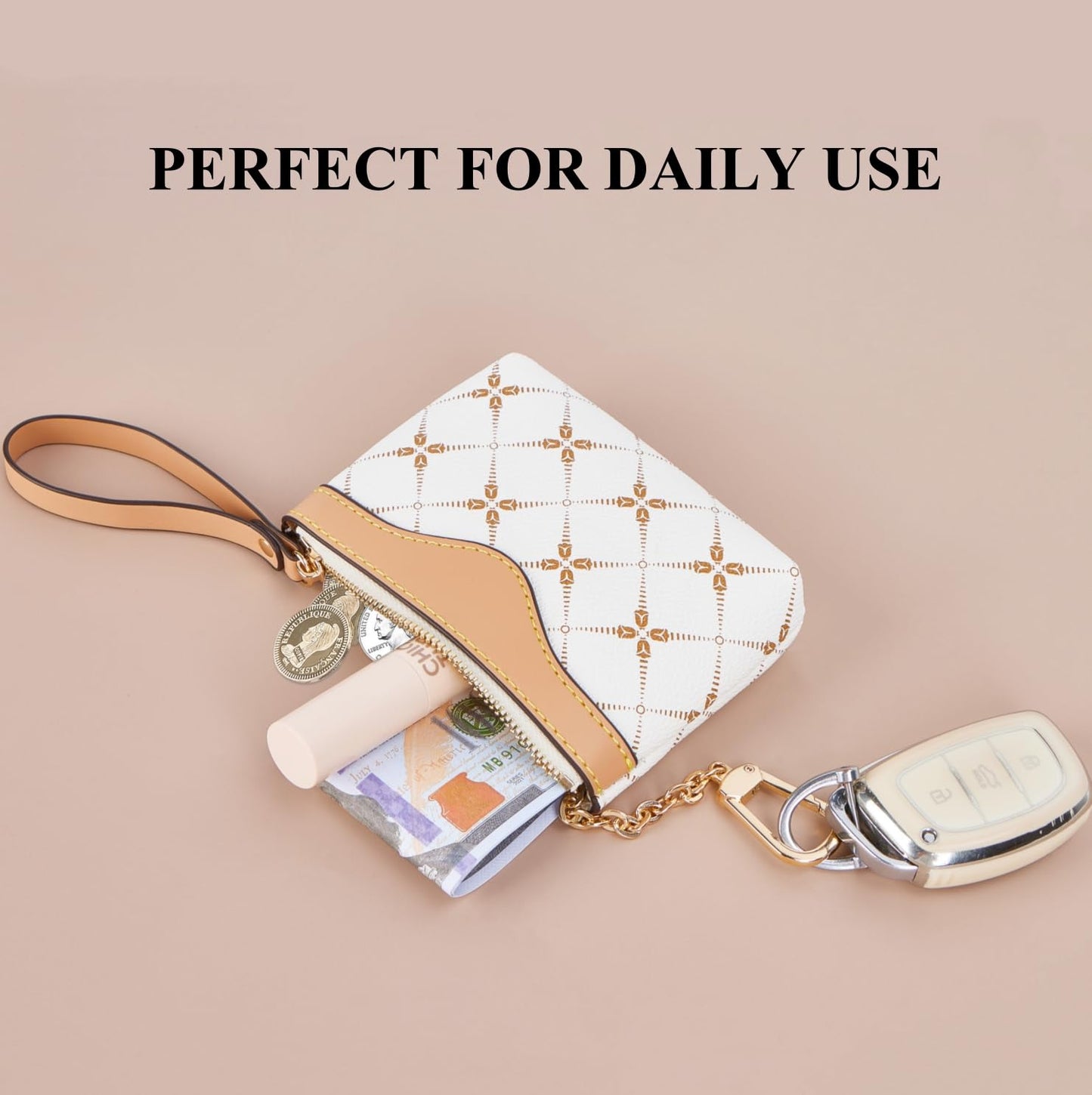 LARENNT Leather Coin Purse with Key Chain - Small Change Pouch Card Holder Keychain Wallet for Women (White)