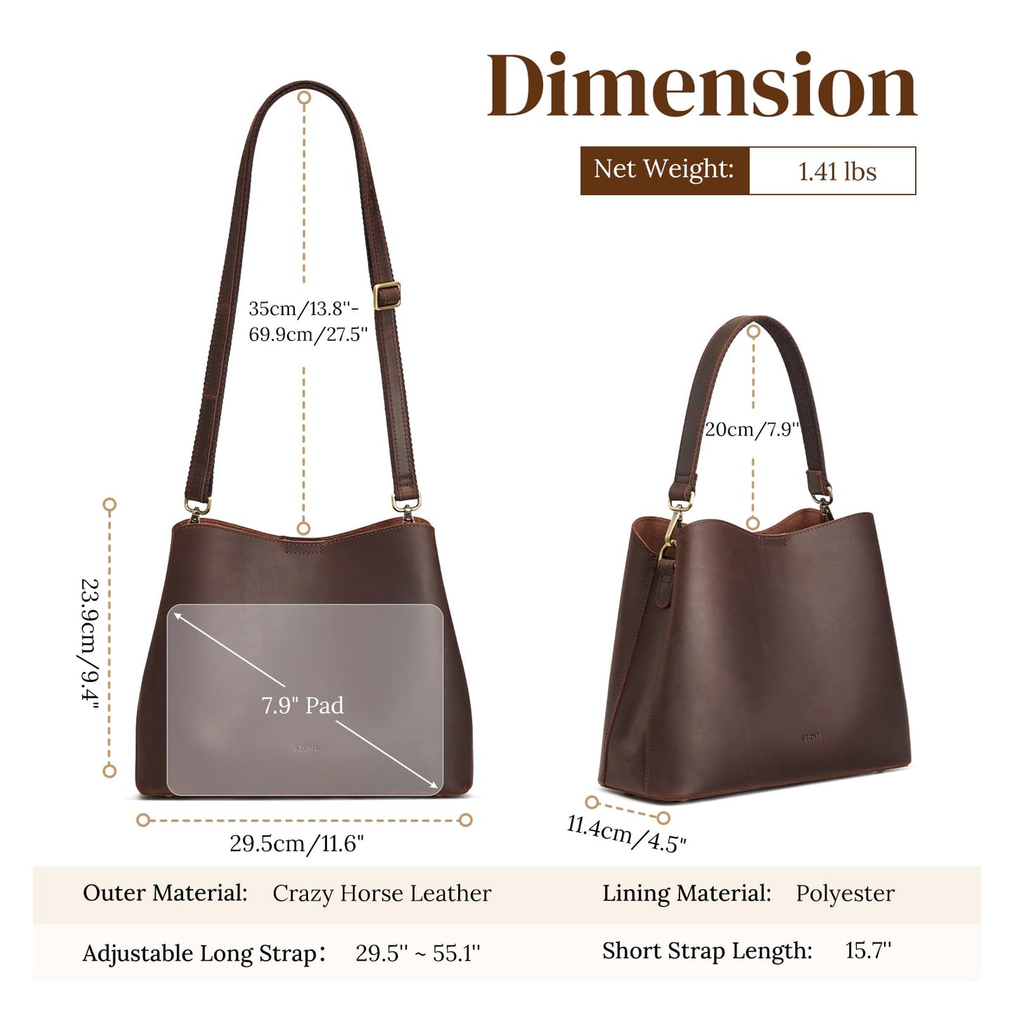 S-ZONE Leather Crossbody Bags for Women Shoulder Bag Multi Compartments Bucket Purses