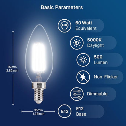 FLSNT 60W Equivalent LED Candelabra Bulbs, Dimmable LED Chandelier Bulbs, E12 Base, 500LM, CRI 82, 6 Pack, 5000K Daylight UL,CA65 Listed.
