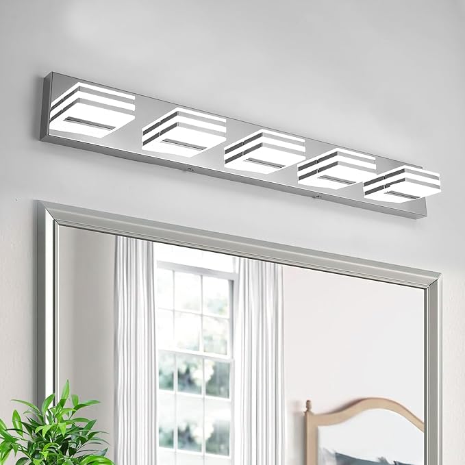 LED Vanity Lighting 30W Lights for Mirror 5 Light Bath Wall Lamps 34 Inch Bathroom Sink Lights over Vanity Modern Long Bath Lights Bars Chrome Wall Sconces Light for Bathroom Restroom 6000K