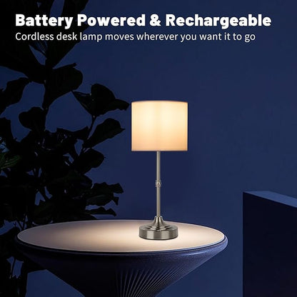 Rechargeable Cordless LED Table Lamp Fabric Shade Desk Lamp, 3-Level Dimmable Touch Control, 5200mAh, Patio Table Lamp, Bedside Night Lamp, Ambient Light for Restaurant.(Silver)