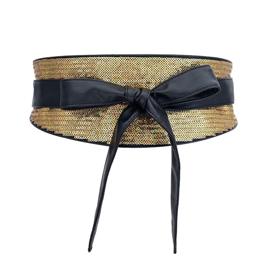 shengweiao Women's Sequin Faux Leather Self Tie Wrap Obi Waist Belt (Gold)