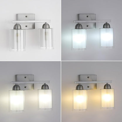 Stainless Steel Bathroom Vanity Light Over Mirror, 2 Light Brushed Nickel Bathroom Light Fixtures with Milk Glass and Clear Glass Shades, Modern Vanity Lighting Wall Mount