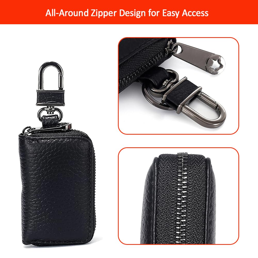 Luckybay Leather Car Key Holder, Car Key Case & Key Fob Protector Pouch with Zipper for Smart Keys, Keychain Wallet for Men Women (Black)