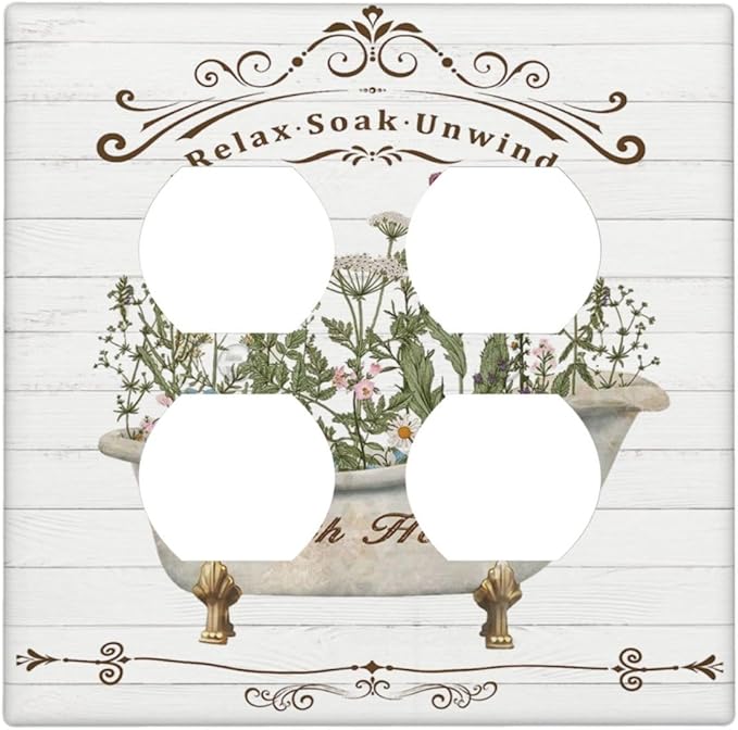 Decorative Light Switch Cover Plate Rustic Farmhouse Wooden Board Botanical Flower 2 Gang Socket Covers Double Duplex Wallplates Switch Plates and Outlet Covers for Bathroom Home Decor