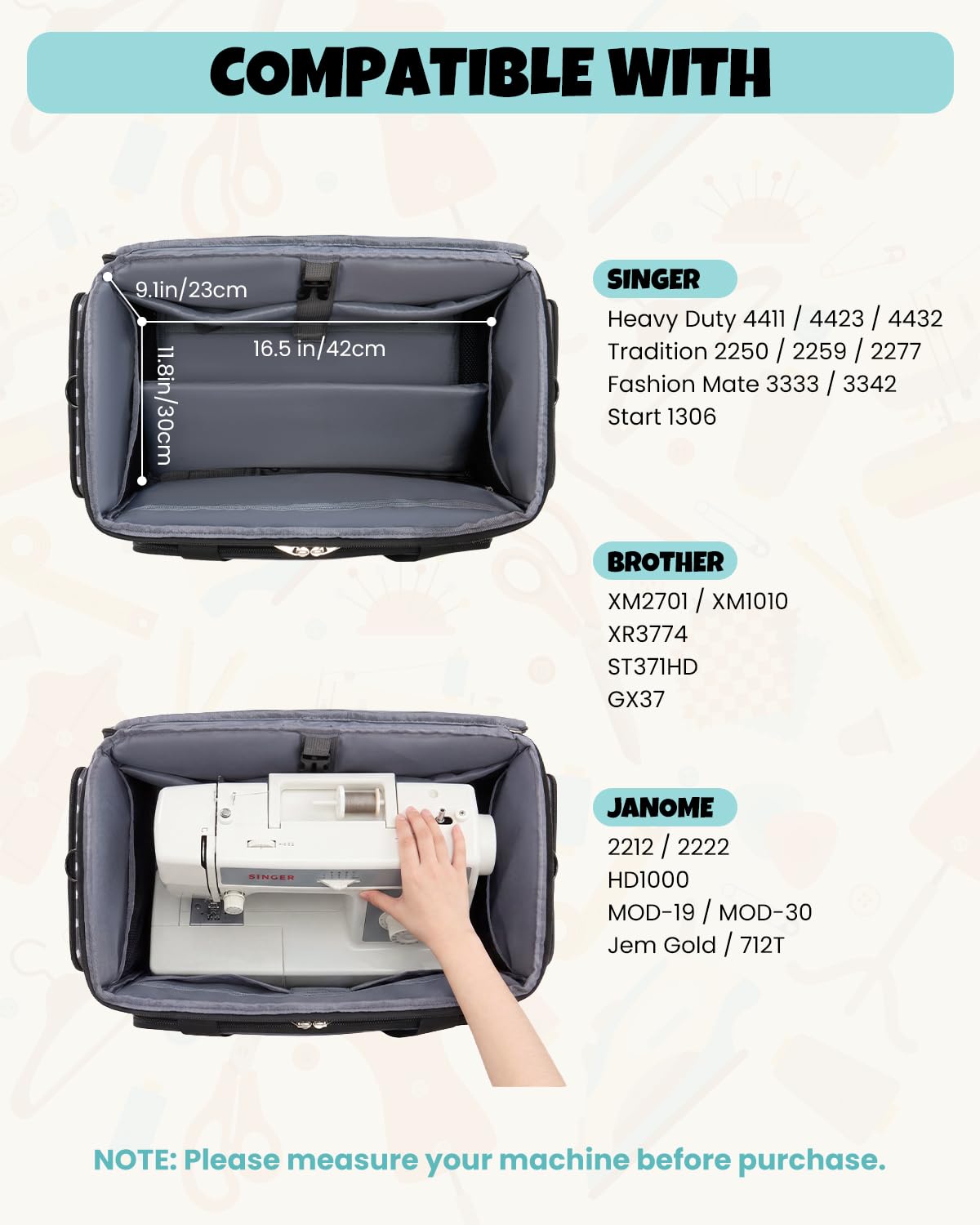 Amythe Rolling Sewing Machine Case with Wheels, Sewing Machine Carrying Bag with Multiple Pockets, Fits Most Standard Machines Compatible with Singer, Brother & Janome, Olive Grey