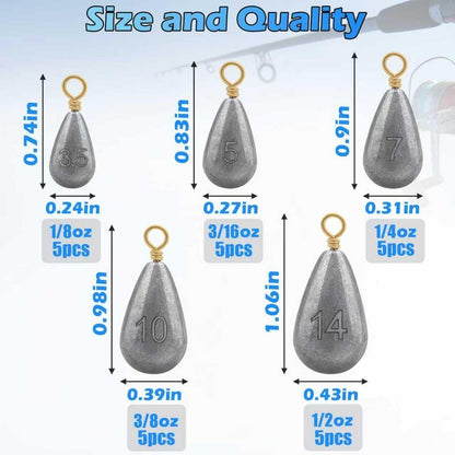 Fishing Weights Sinkers Kit, 25pcs 5 Sizes Bass Casting Drop Shot Weights Lead Fishing Weights for Catfish Saltwater Freshwater