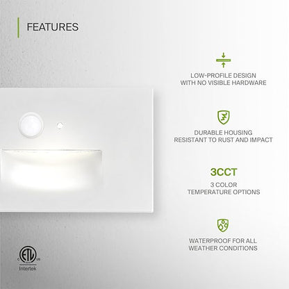 ASD LED Recessed Step Light Fixture, Dusk to Dawn Outdoor Tread Lighting | 3CCT, Motion Sensor, Photocell, Waterproof, ETL Listed | 3W 120LM 3000K-5000K 120V | Staircase Illumination | White, 4 Pack