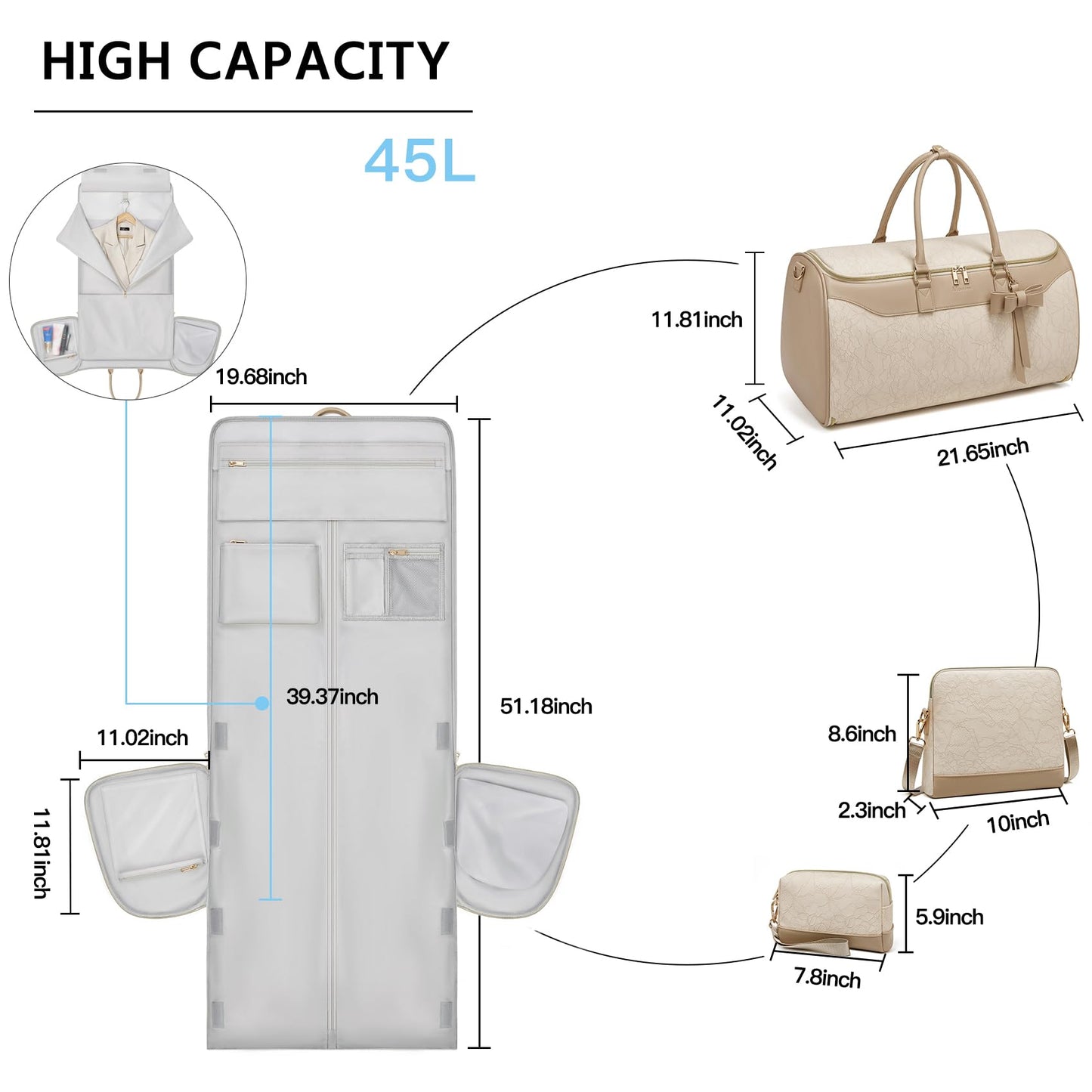 Garment Bags for Travel,45L Carry on Convertible Garment Duffle bag for Men Women - 3 in 1 Hanging Suit Travel Bag with Shoulder Strap (Beige brown)