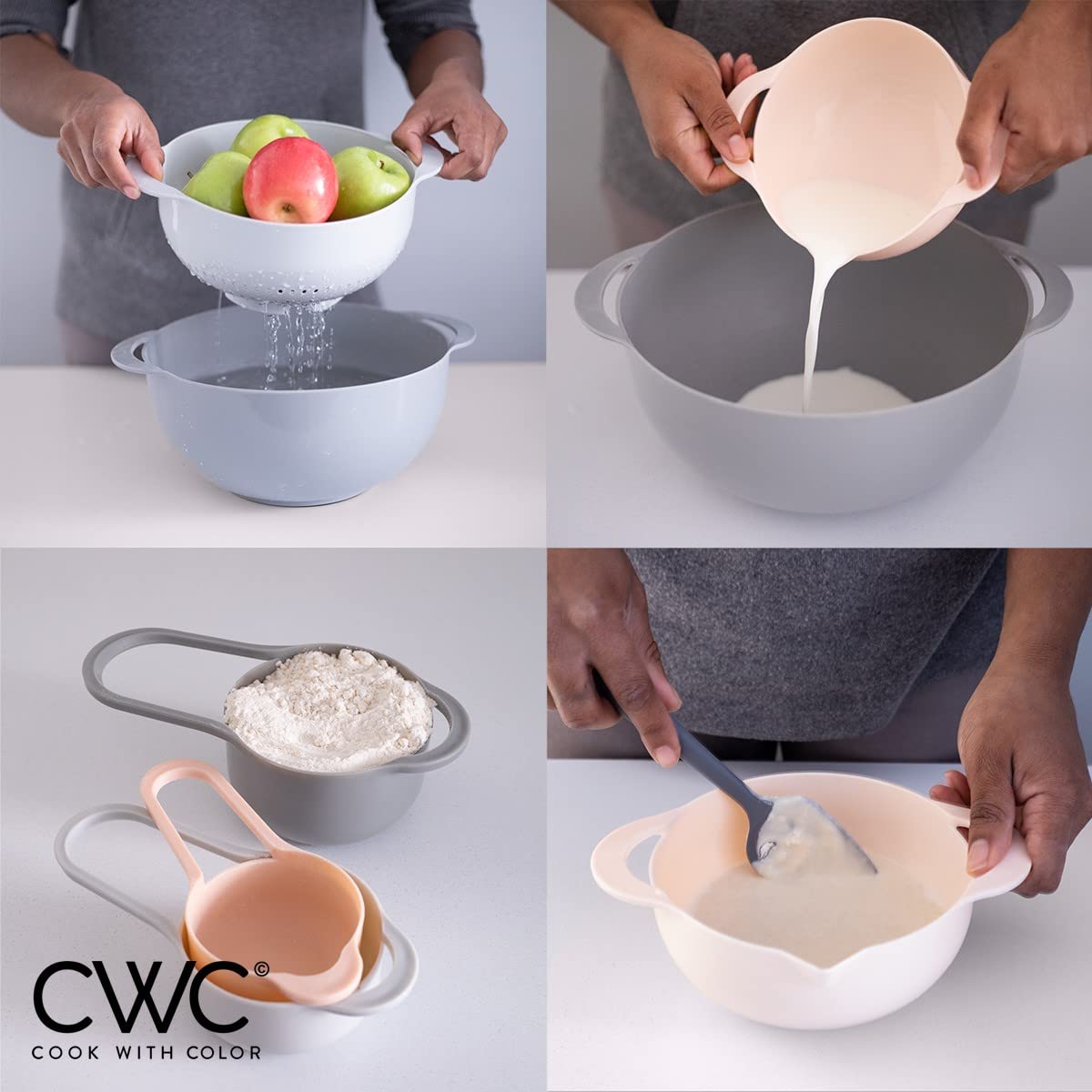 COOK WITH COLOR Nesting Bowls with Measuring Cups Colander and Sifter Set - Includes Mixing Bowls, Colander, Sifter and Measuring Cups, Pink, 8 Pc Bowl
