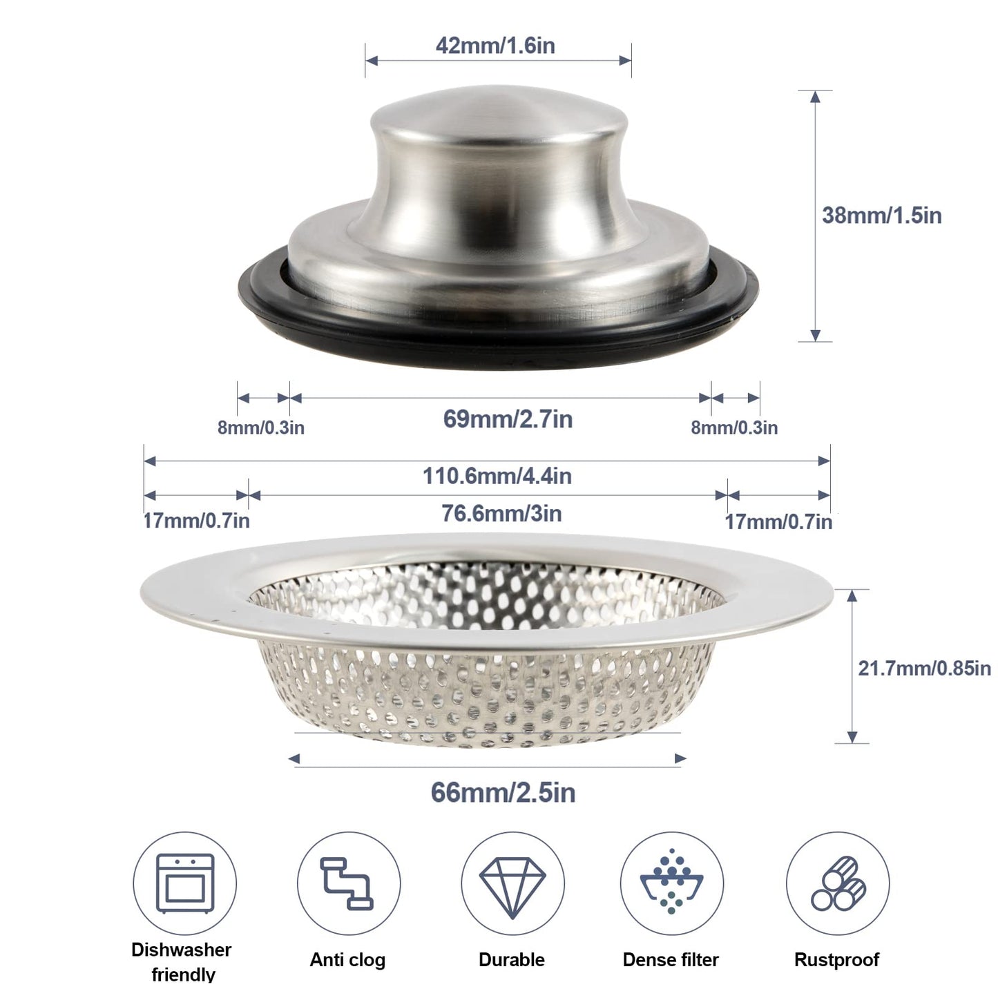 RQYEKDO Polished Kitchen Sink Strainers Sink Stopper Kits, Stainless Steel Sink Drain Strainer Set,Large Wide Rim 4.4" Diameter Food Catcher Garbage Disposal Plug for Most Sink Drains Basket Filter