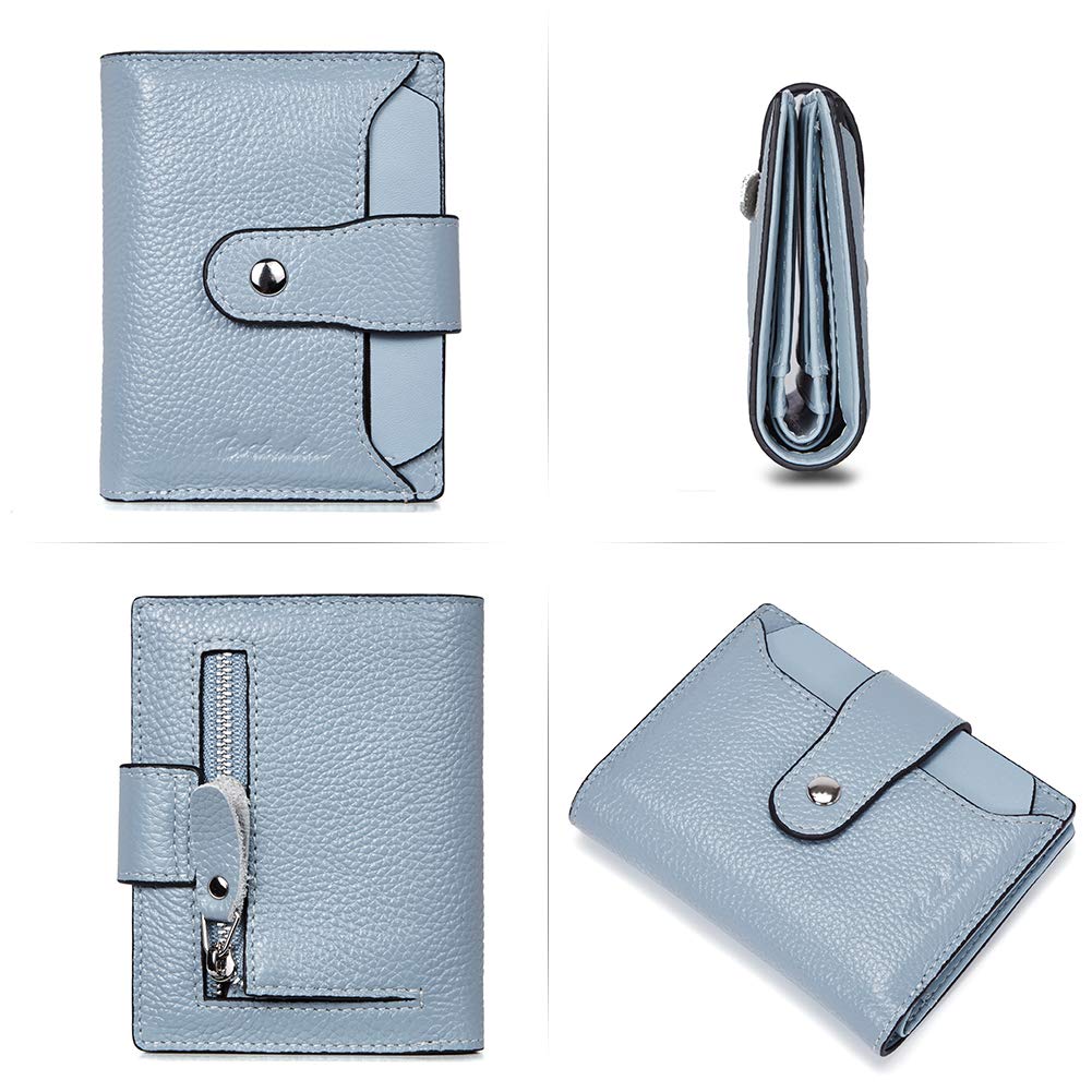 BOSTANTEN Women Leather Wallet RFID Blocking Small Bifold Zipper Pocket Wallet Card Case Purse with ID Window Blue