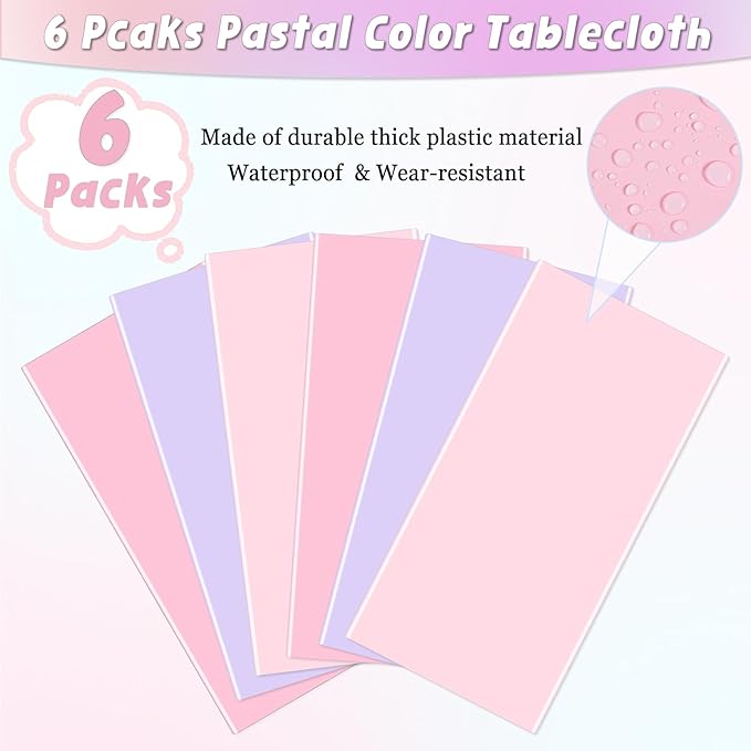 6 Packs Disposable Plastic Tablecloths 54 x 108 Inch Light Color Rectangle Tablecloth Waterproof Table Covers for Baby Shower Girl Birthday Princess Party Cake Decoration