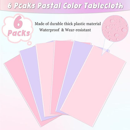 6 Packs Disposable Plastic Tablecloths 54 x 108 Inch Light Color Rectangle Tablecloth Waterproof Table Covers for Baby Shower Girl Birthday Princess Party Cake Decoration