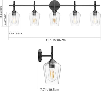 Ralbay Vintage Black Bathroom Vanity Light 5-Lights Industrial Matte Black Finish with Clear Glass Vanity Lights Farmhouse Bathroom Lighting fixtures