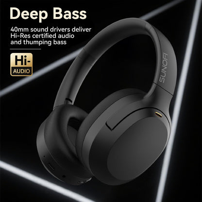 SunoFi Hybrid Active Noise Cancelling Headphones, Wireless Over Ear Bluetooth Headphones with Mic, 60H Playtime, Hi-Res Audio, Deep Bass, Foldable Comfort Fit Ear Cups for Travel, Office, Home (Black)