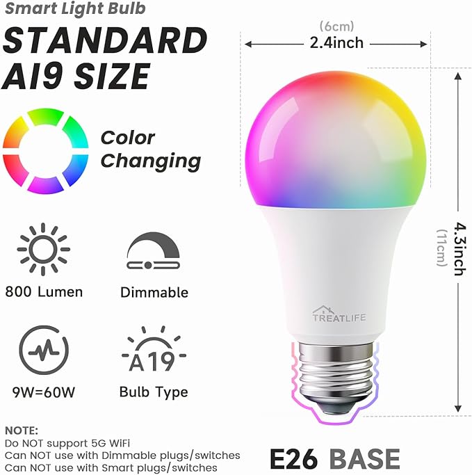 TREATLIFE Smart Light Bulbs 4 Pack, UL Certified 2.4GHz Color Changing Light Bulb, Works with Alexa Google Home, A19 E26 Dimmable LED Light Bulb 9W 800 Lumen for Party Decoration, Smart Home Lighting