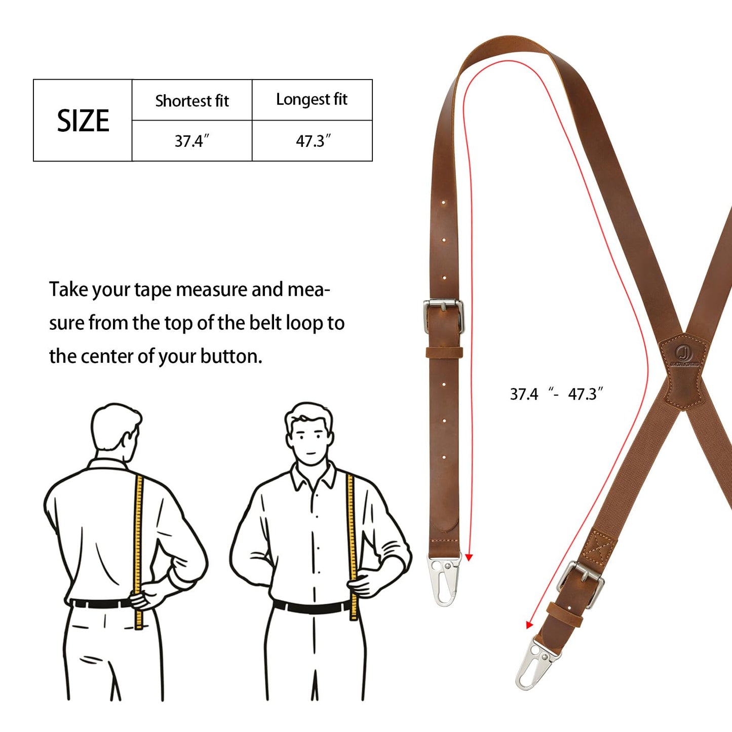 Jack&Chris Genuine Leather X-Shaped Suspenders for Men, Adjustable Heavy Duty Solid 1 Inch Wide Suspenders with Sturdy Clips, Men Accessories For Jeans, Brown
