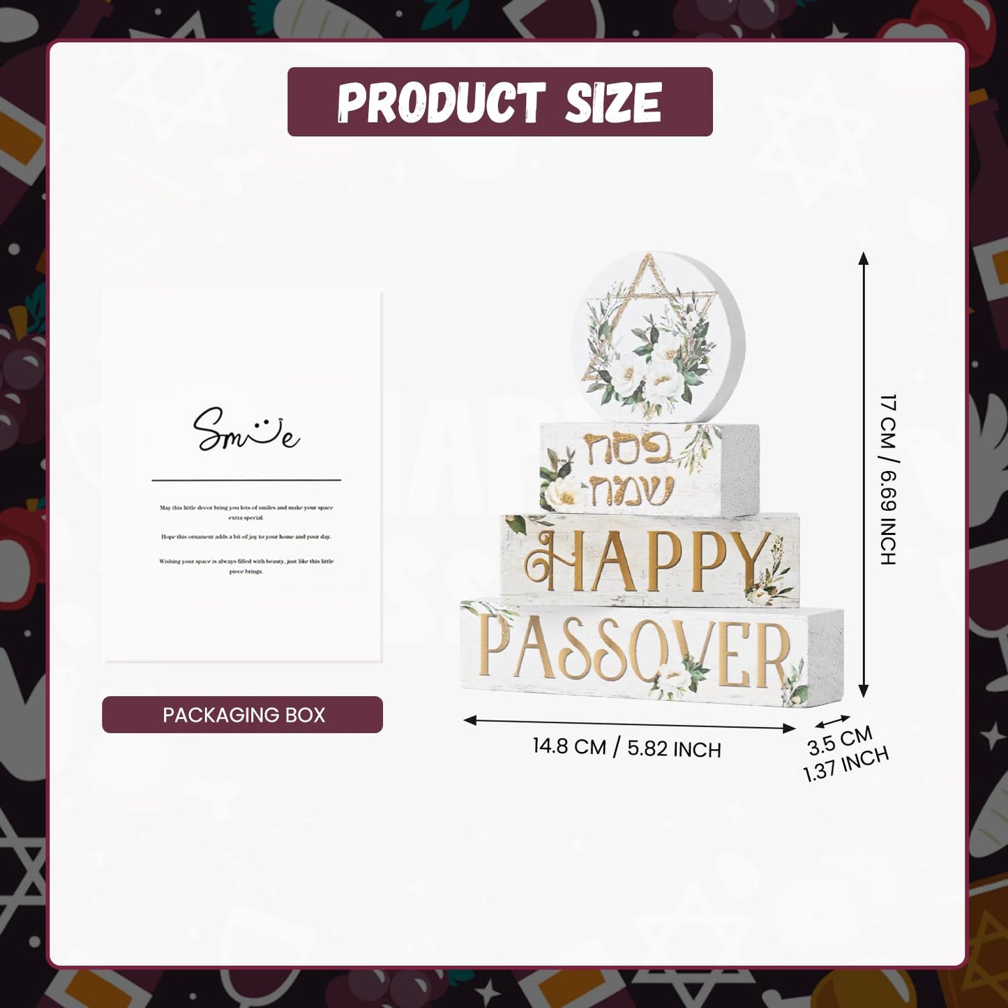 Smile Passover Wooden Decorations 4PCS Happy Passover Pesach, Star of David Tiered Tray Centerpieces Decor, Seder Jewish for Home Office