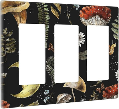 Nature Plant Botanical Daisy Mushroom Snails And Moon Triple Rocker/Decora Wall Plate 3 Gang Light Switch Outlet Cover Plate Decorative Switchplate Electrical GFCI Faceplate for Bedroom Decor