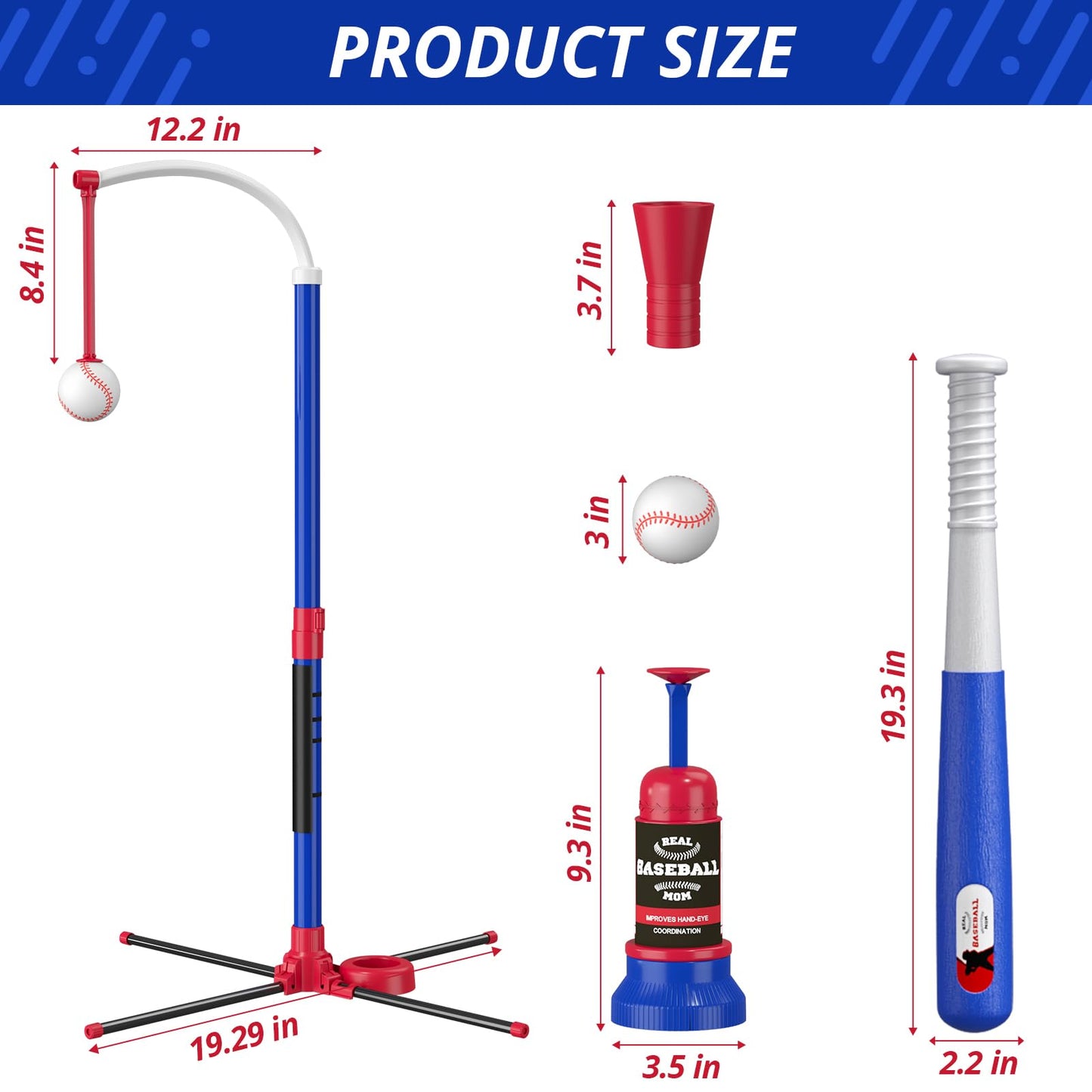 HYES 3-in-1 Baseball Set for Kids 3-5 - Tee Ball Stand, Hanging Tee, Ball Launcher and 6 Softballs - Adjustable Height, Indoor/Outdoor Sport Gifts for Boys Girls, Blue