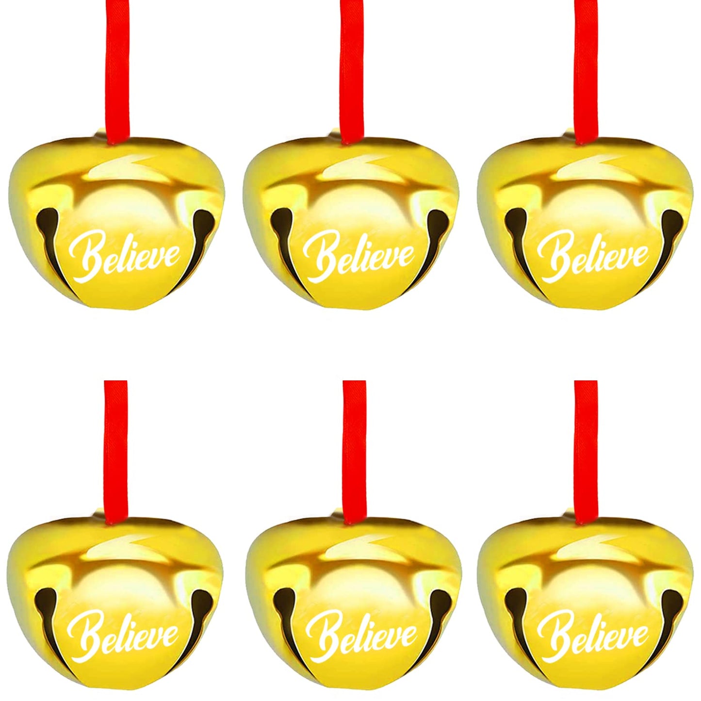 FOIMAS 30pcs 1.6 Inch Believe Bell Ornament Metal Christmas Sleigh Bells with Red Ribbon for Christmas Tree Holiday Decoration,Gold