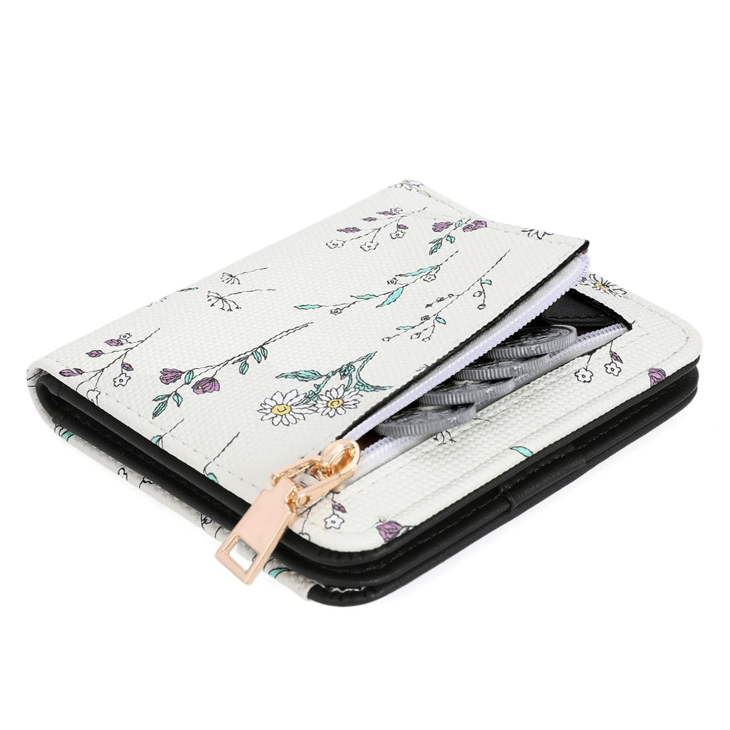 GAEKEAO Small Wallet for Women RFID Leather Bifold Slim Card Holder Cute Flower Wallet for Women with Zipper Coin Pocket