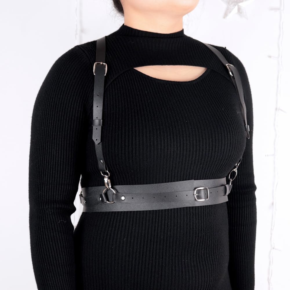 ALLOVME Leather Chest Harness Adjustable Body Harness Plus Size Waist Belt Body Chains Fashion Chest Belt Punk Gothic Rock Body Harness Women Costume Accessories for Rave, Festival, Nightclub