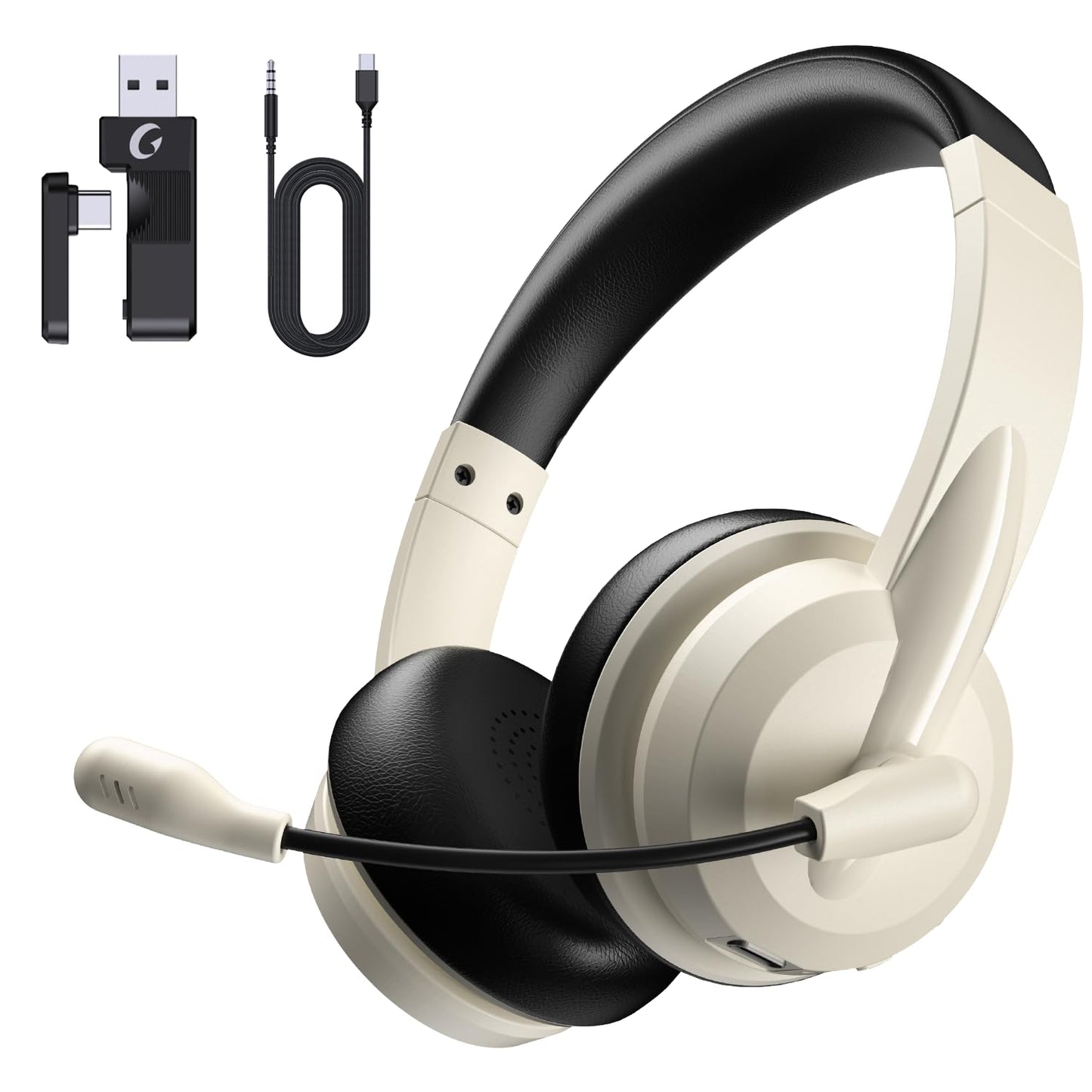 Wireless Headset with Mic for Work with AI Noise Cancelling Mic for Clear Calls, Bluetooth V5.3 Headphones with Microphone to USB A/C Dongle & Mic Mute for Computer Laptop PC iPhone (Apricot Black)