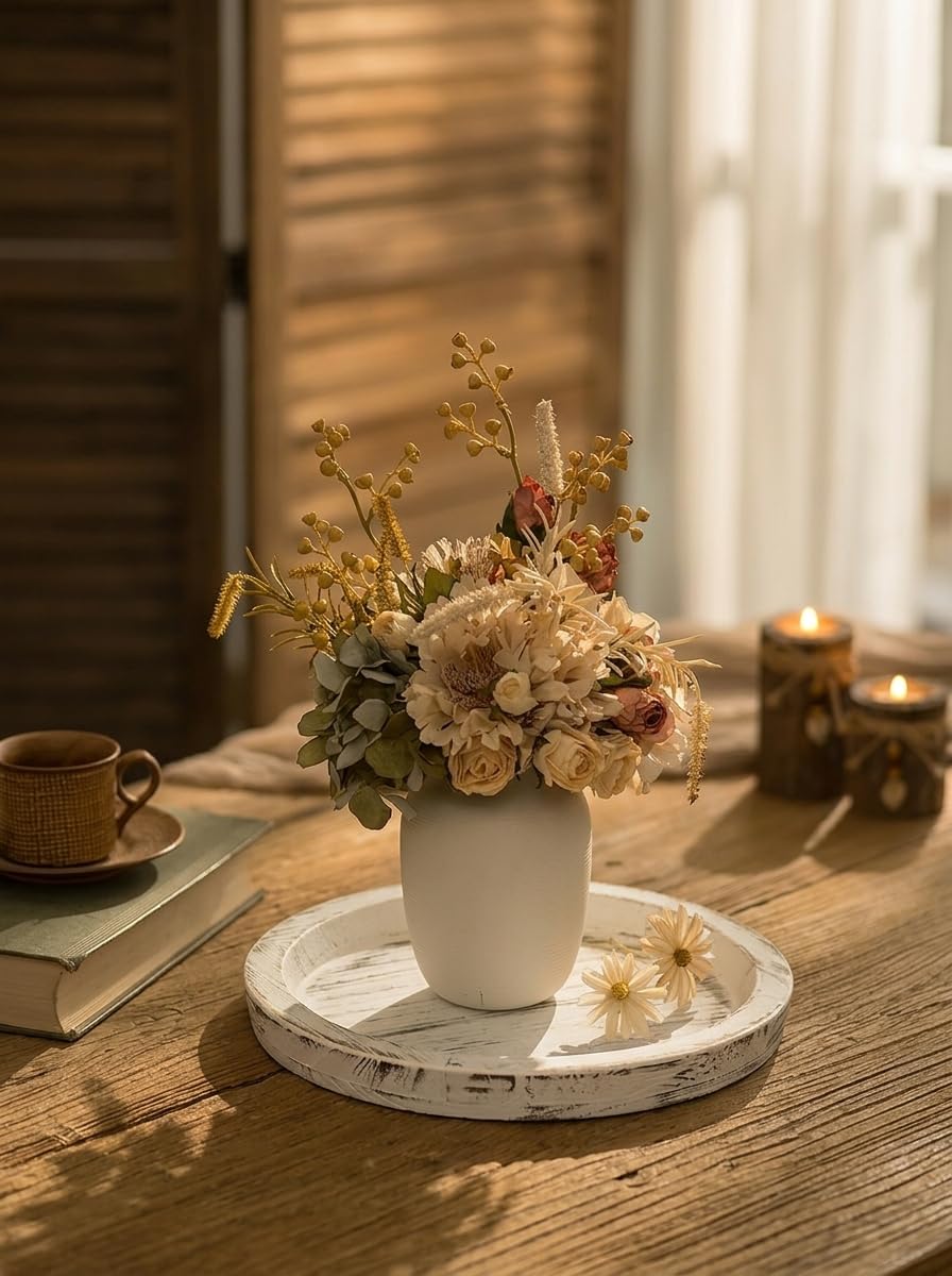 Hanobe Candle Plate Holder Tray: Round Wood Decorative Candle Plate - Rustic Farmhouse CoffeeTable Decor - Tealight Pillar Trays for Home Decor (White Rustic)