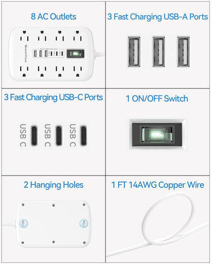 Short Extension Cord 1 ft, Small Power Strip Flat Outlet Extender Surge Protector with 8 AC Outlets 6 USB (5V/4.8A 24W), Mini Extension Cord Flat Wall Plug for Home Office Dorm Kitchen Bathroom