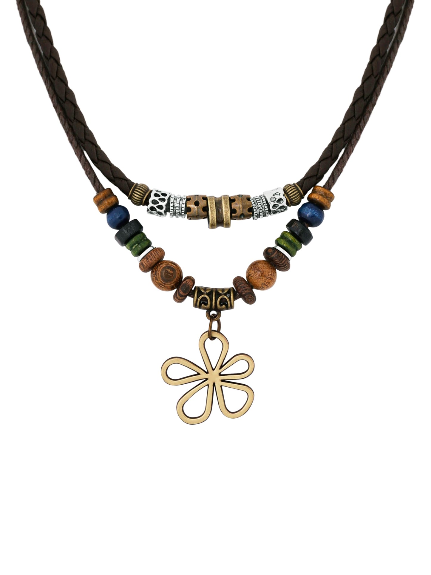 MINACHI Boho Layered Wood Bead Necklace Set – Dark Cord, Mixed Beads & Antique Brass Flower Pendant, Matching Earrings Included, Bohemian Style