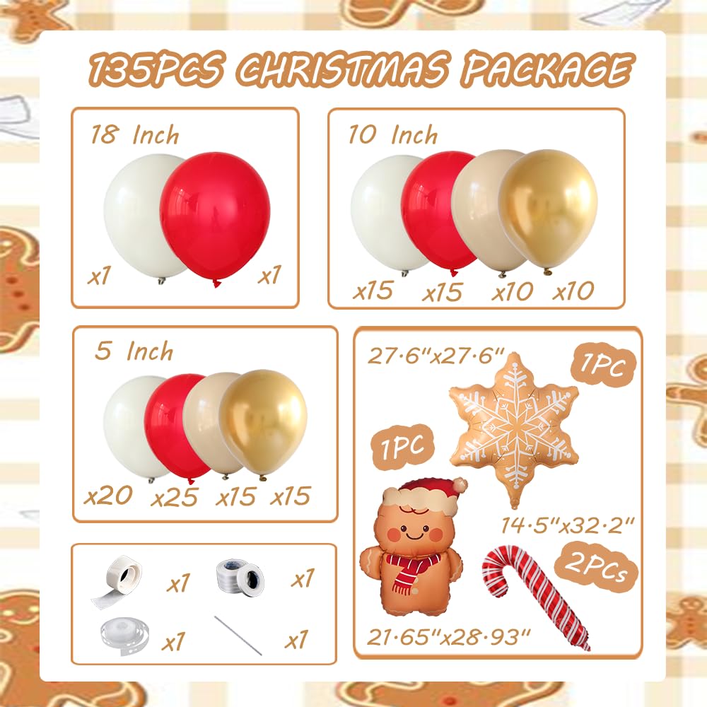 135Pcs Christmas Balloon Garland Arch Kit, Red White Metallic Gold Latex Balloons with Gingerbread Candy Cane Snowflake Foil Balloons for Christmas New Year Winter Holiday Birthday Party Decorations