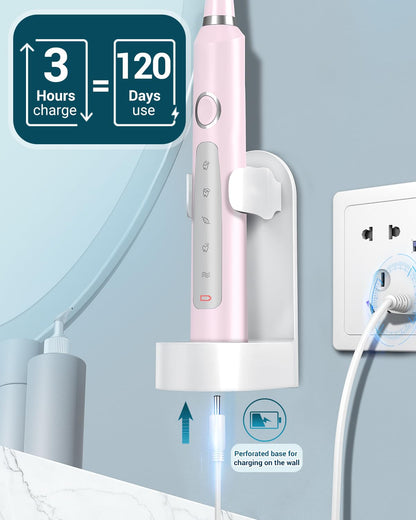 Rtauys M5 Sonic Electric Toothbrush for Adults and Kids - Rechargeable Electric Toothbrush Kids Ages 12+ and Adults with 8 Brush Heads & Travel Case, 120 Days Battery Life - Pink