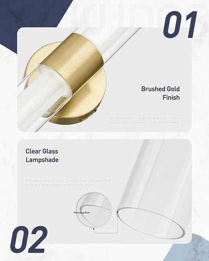 kudos Gold Bathroom Sconces Wall Lighting, Bathroom Vanity Light, Modern Wall Lights with Clear Glass and Frosted Glass,3000K/4500K/6000K Adjustable, KDVL06-GD-2