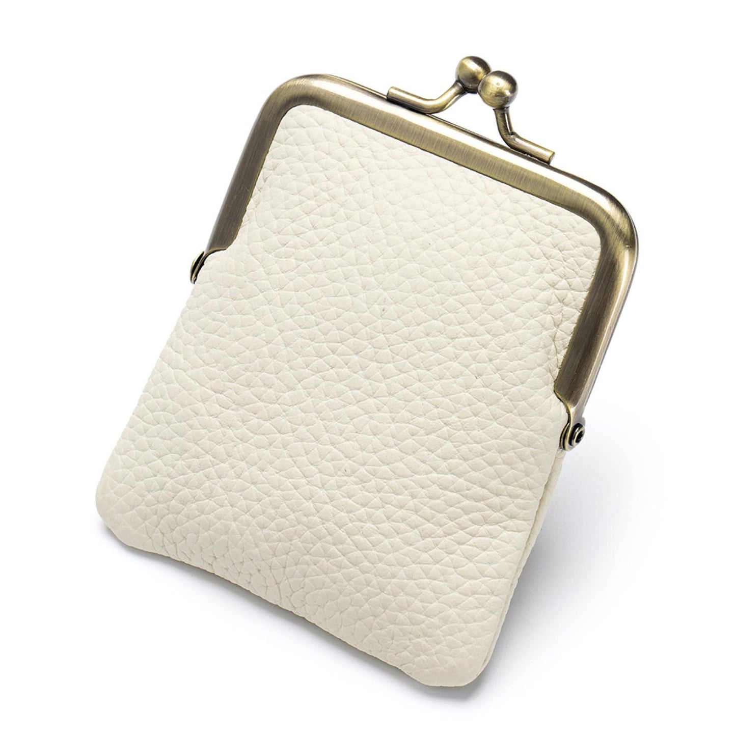Genuine Leather Kiss Lock Coin Purse, Mini Wallet with Metal Clasp Frame, Small Change Holder，gift for women men (White)