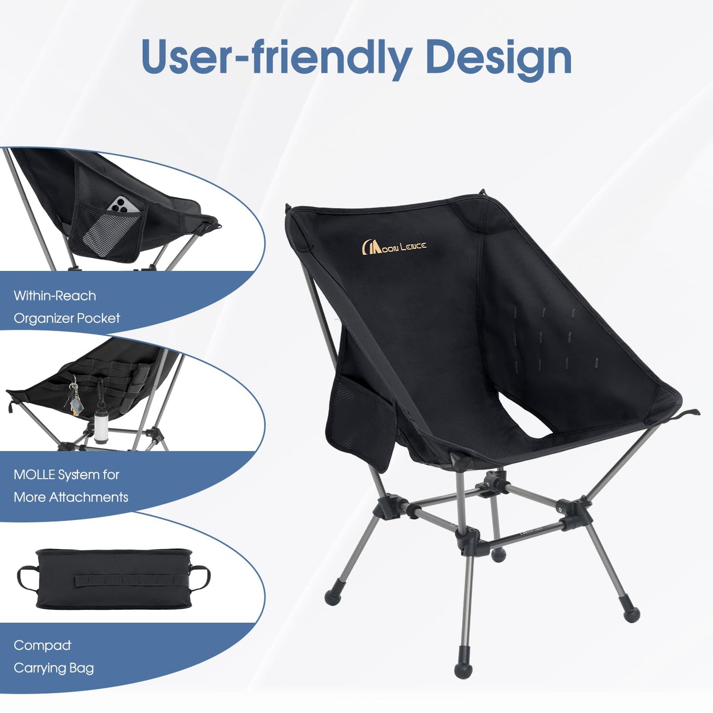 MOON LENCE Portable Camping Chair Plus, Larger & Roomier, Compact and Lightweight Still, Folding Chair for Backpacking & Hiking, 330Lbs Capacity (Black)
