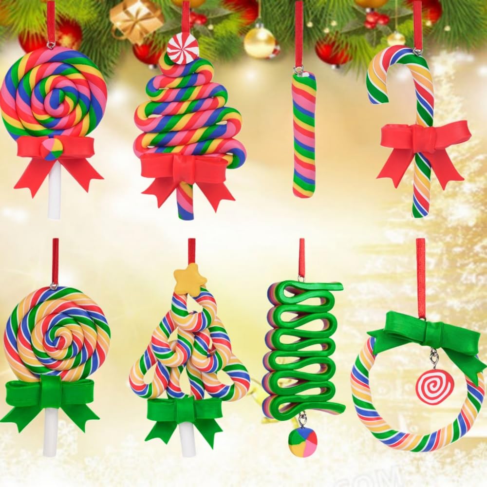 8 PCS Christmas Candy Ornaments, Polymer Clay Lollipop Hanging Decor for Xmas Tree, Holiday Party Decoration by Aurdox