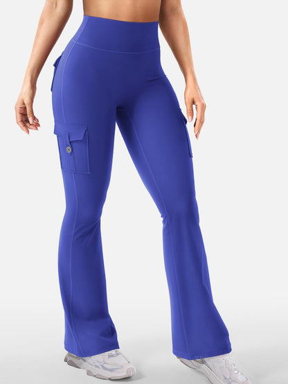 YEOREO CoreFlex Women Workout Flare Leggings with Pockets Hidden Scrunch High Waisted Cargo Gym Yoga No Front Seam Leggings 30" Inseam Dazzling Blue XS