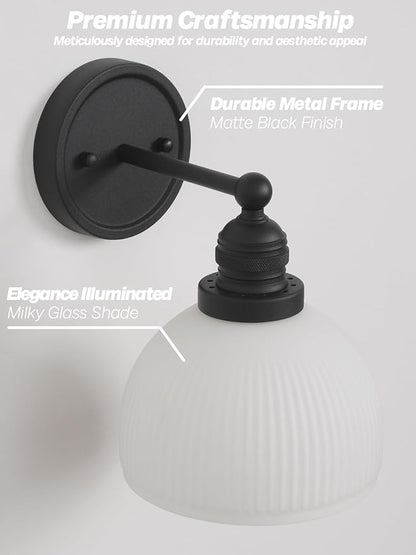 Black Wall Sconce Vintage Bathroom Sconce Light with Frosted Milk Glass Farmhouse Bathroom Vanity Light for Living Room Bedroom Hallway Stairway E26 Hardwire Indoor