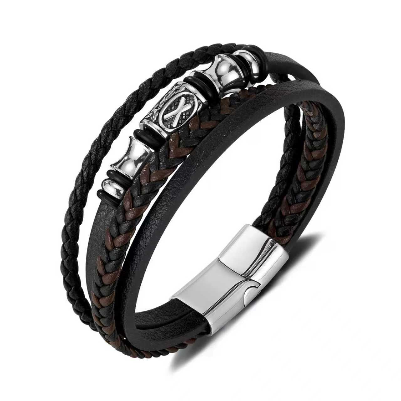 Kim Carrey Italian Handmade Genuine Leather Bracelets for Men Stainless Steel Clip, Men's Casual Genuine Multi-layer Cuff Bracelet, Bracelet Gift for Real Men (8.2“)