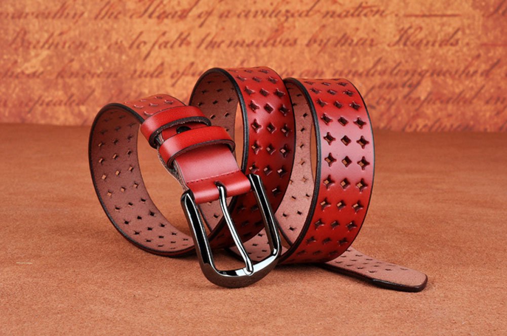 VONSELY Genuine Leather Belts for Women Hollow Out Design, Soft Leather Womens Belts with Pin Buckle, Red Leather Belt