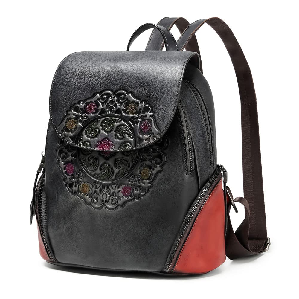 Leather Backpack for Women Organizer Retro Vegetable Tanning leather bag Vintage Embossing Totem (black)