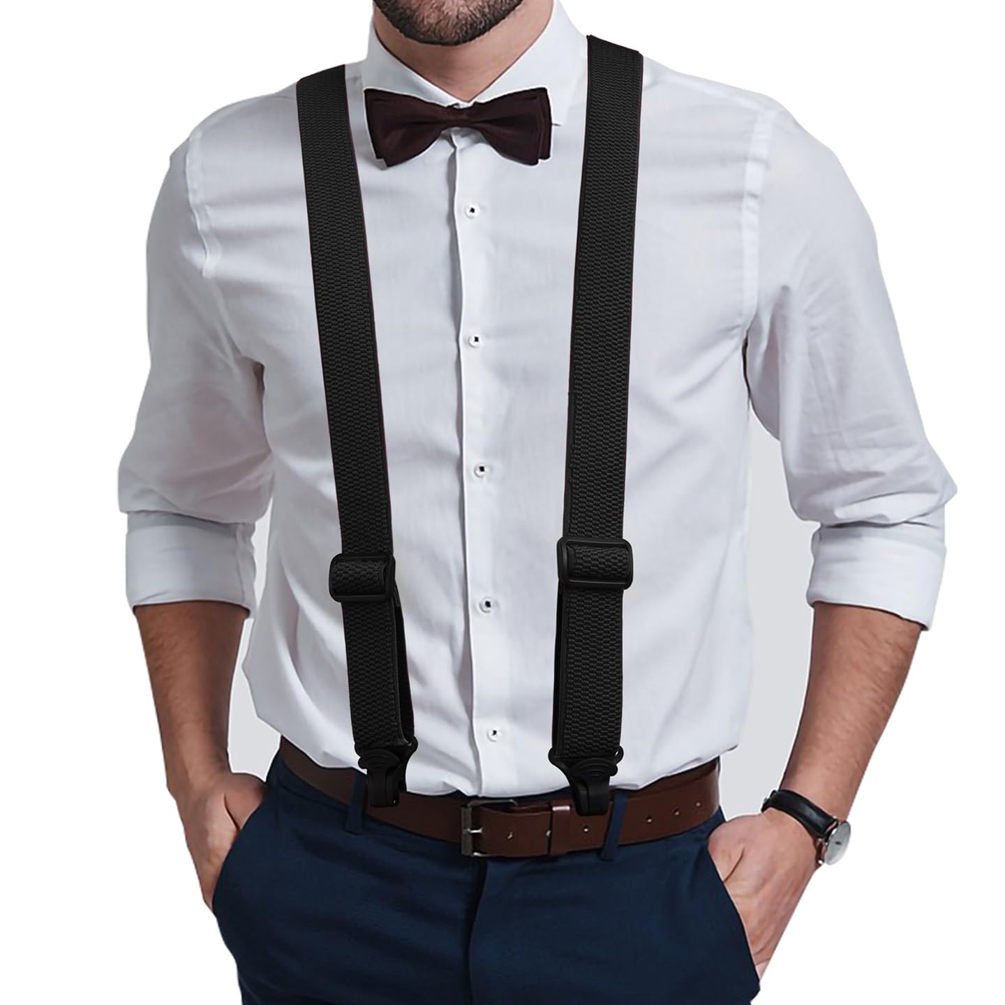 Buyless Fashion Heavy Duty Suspenders for Men - 48" Adjustable Straps 1 1/2" - X Back with Black Plastic Clips - 5147-Black
