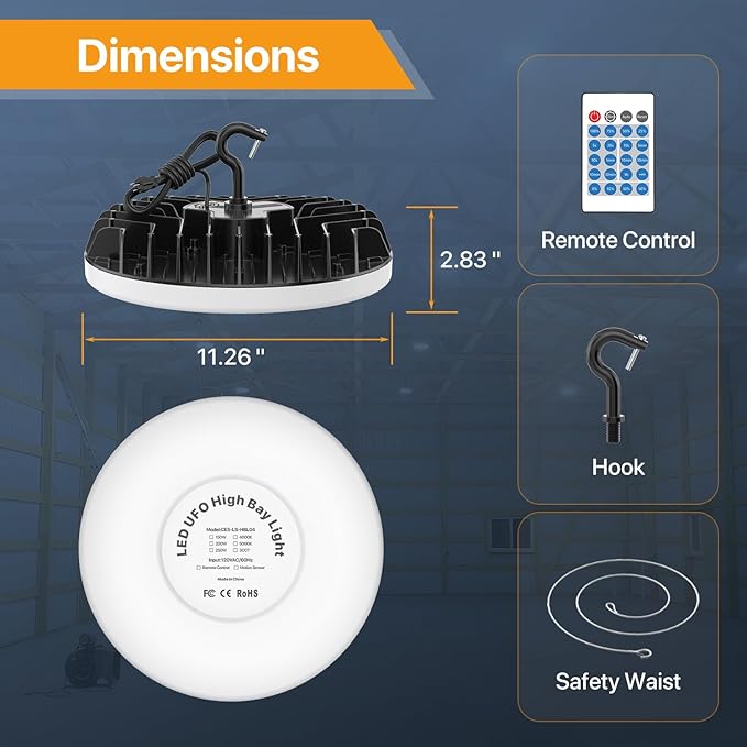Smart Shop Lights 150W - Micware Sensor 18000LM UFO LED High Bay Light with Multi-Function Remote, 10%-100% Dimmable IP65 Waterproof 5000k Garage Lighting 2 Packs (Old Remote)